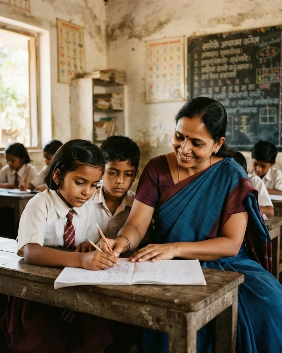A teacher guiding young students at a desk in a bright classroom